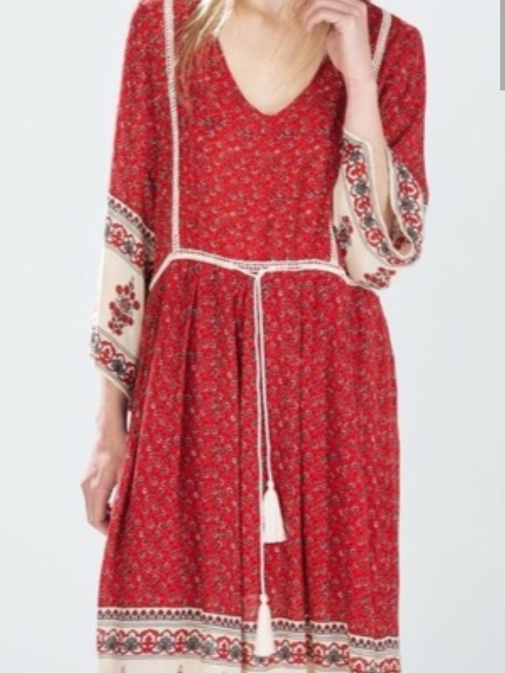 Zara Red Floral V‑Neck Midi Dress with Cream Trim
